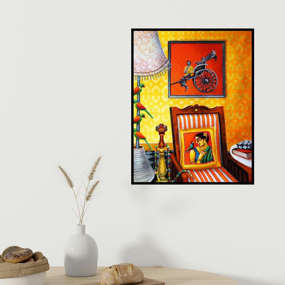 Gautam Mukherjee's 'Home' painting visualized above a sofa in a contemporary room.