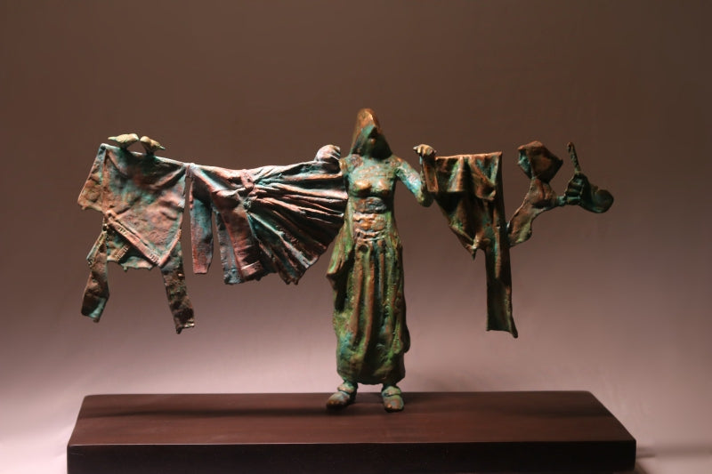 'Home Work VIII' figurative Brass sculpture by artist Rohan Pawar, 14x23 inch, on brass