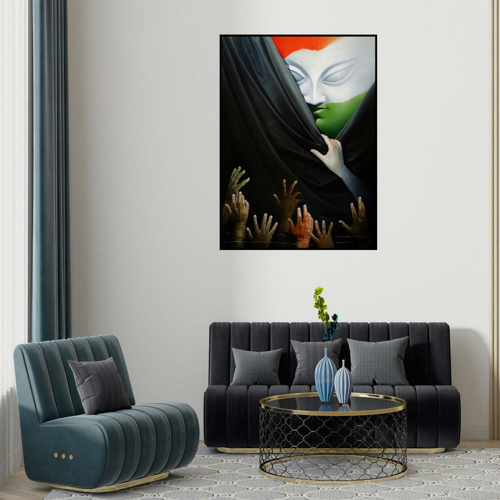 Amit Bhar's 'Honest Effort (Untitled)' painting visualized above a sofa in a contemporary room.