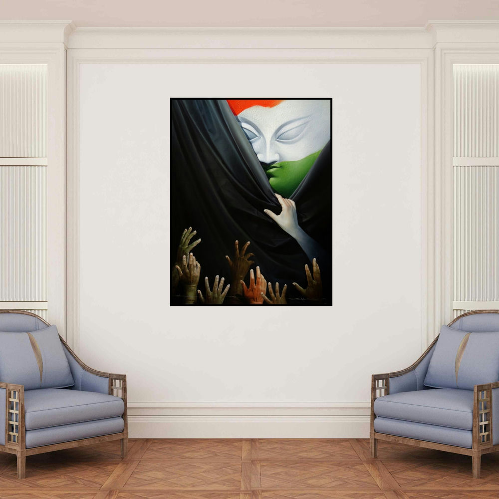 'Honest Effort (Untitled)' painting by Amit Bhar shown on a wall in a furnished room.