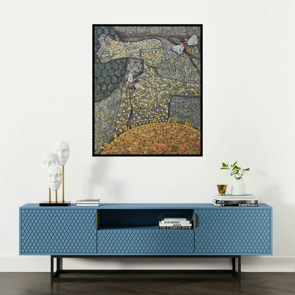 Pravin Randive's 'Honey Bee (The Beekeeper)' painting visualized above a sofa in a contemporary room.