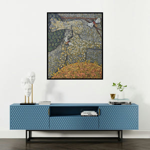 Pravin Randive's 'Honey Bee (The Beekeeper)' painting visualized above a sofa in a contemporary room.