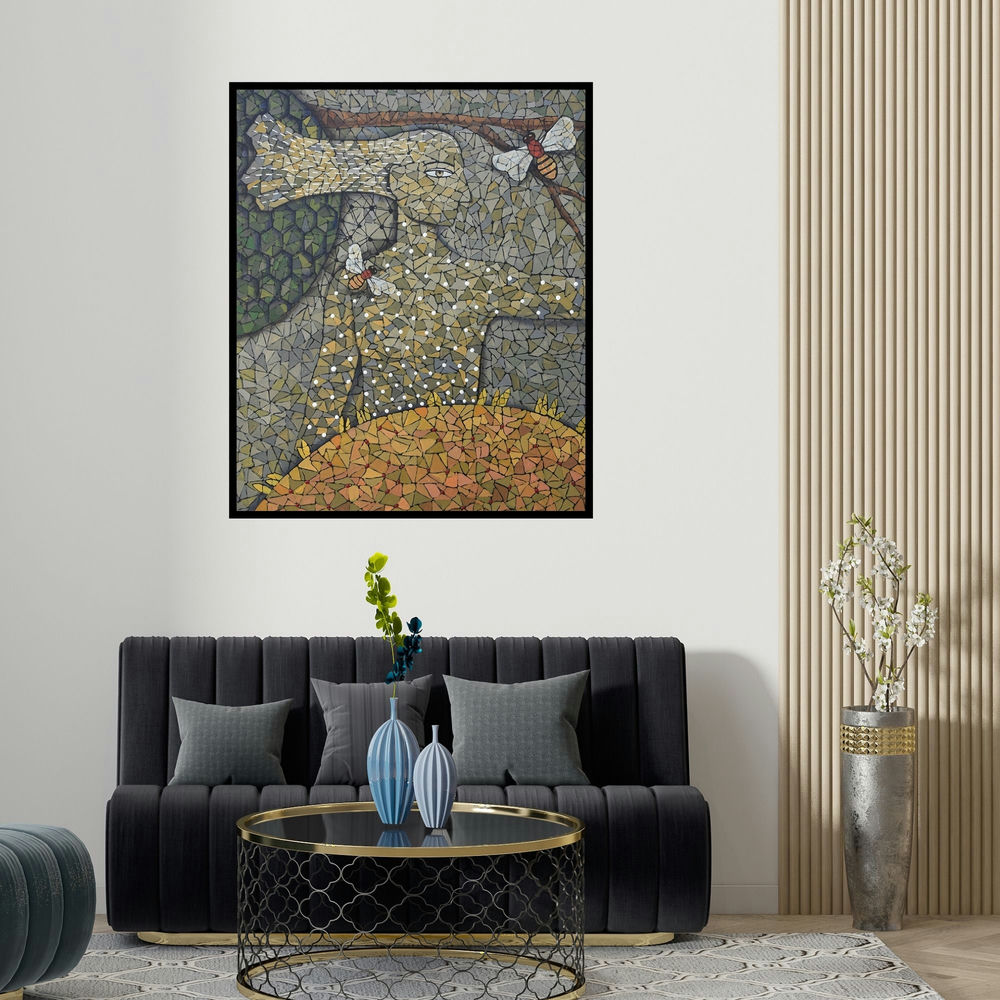 'Honey Bee (The Beekeeper)' painting by Pravin Randive shown on a wall in a furnished room.