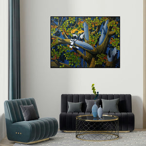 Varghese Kalathil's 'The Hornbills 108' painting visualized above a sofa in a contemporary room.