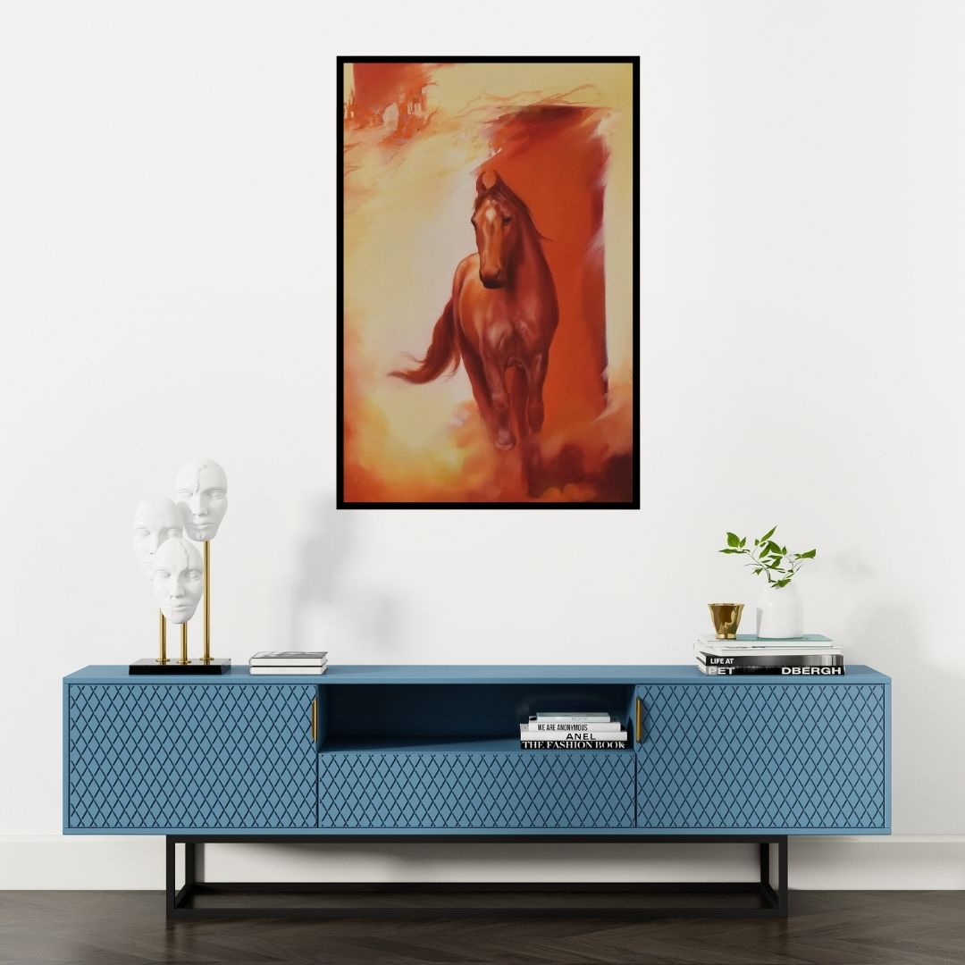 Preview of 'Horse (Crimson Charger)' Painting by Durshit Bhaskar shown on a wall in a furnished room.