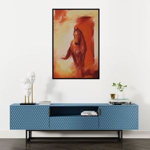 Preview of 'Horse (Crimson Charger)' Painting by Durshit Bhaskar shown on a wall in a furnished room.