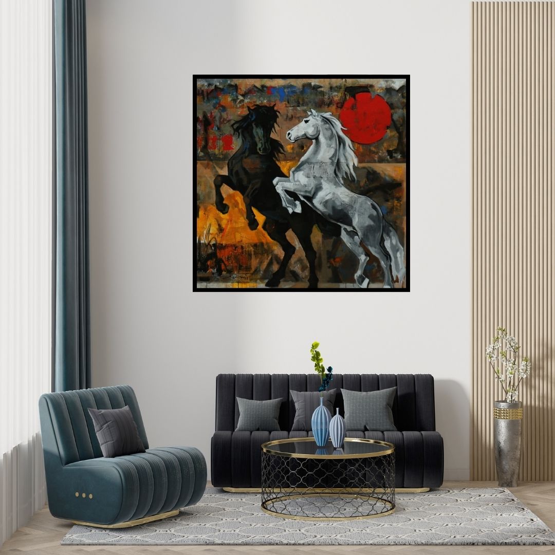 Preview of 'Horse 123 48X48' Painting by Devidas Dharmadhikari shown on a wall in a furnished room.