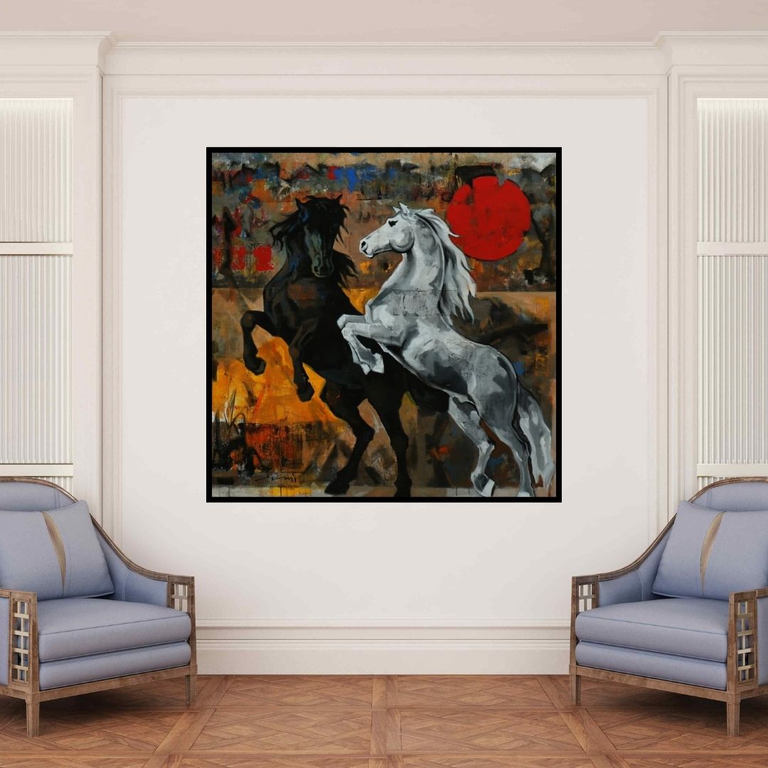 In-situ view of Devidas Dharmadhikari's 'Horse 123 48X48' painting in a room