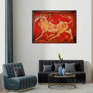 Ramesh Gujar's 'Horse (The Twin Spirit)' painting visualized above a sofa in a contemporary room.