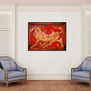 'Horse (The Twin Spirit)' painting by Ramesh Gujar shown on a wall in a furnished room.