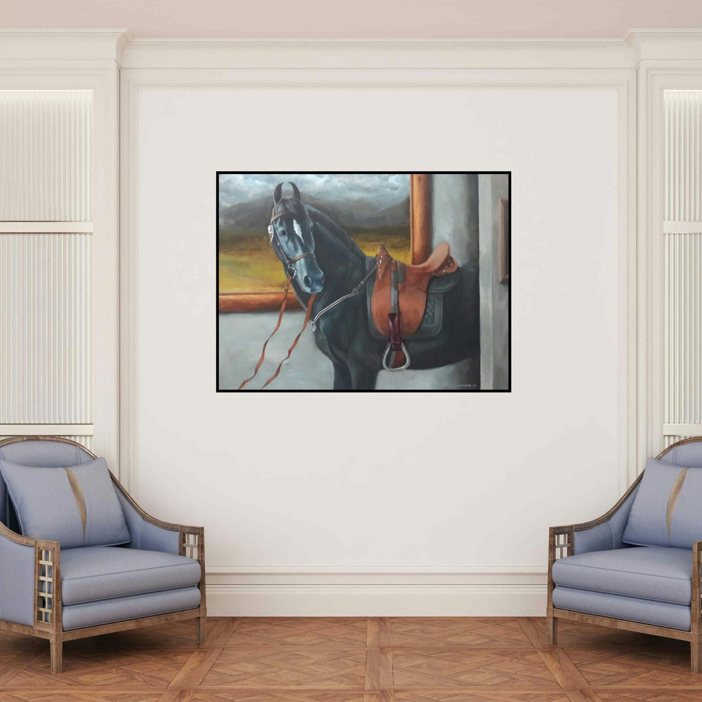 'Horse 2 (Equestrian Elegance)' painting by Sarang Pharate shown on a wall in a furnished room.