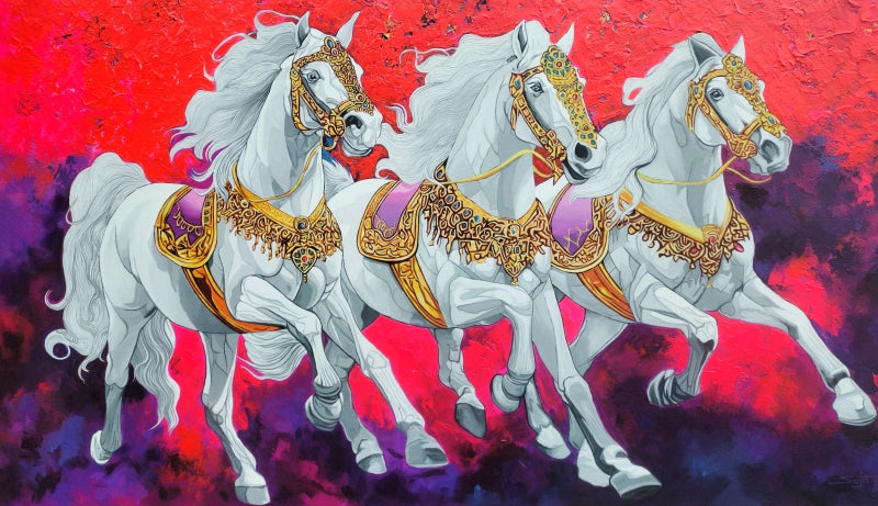 Horse' animals acrylic painting by artist Sujit Karmakar, 36x62 inch, on canvas
