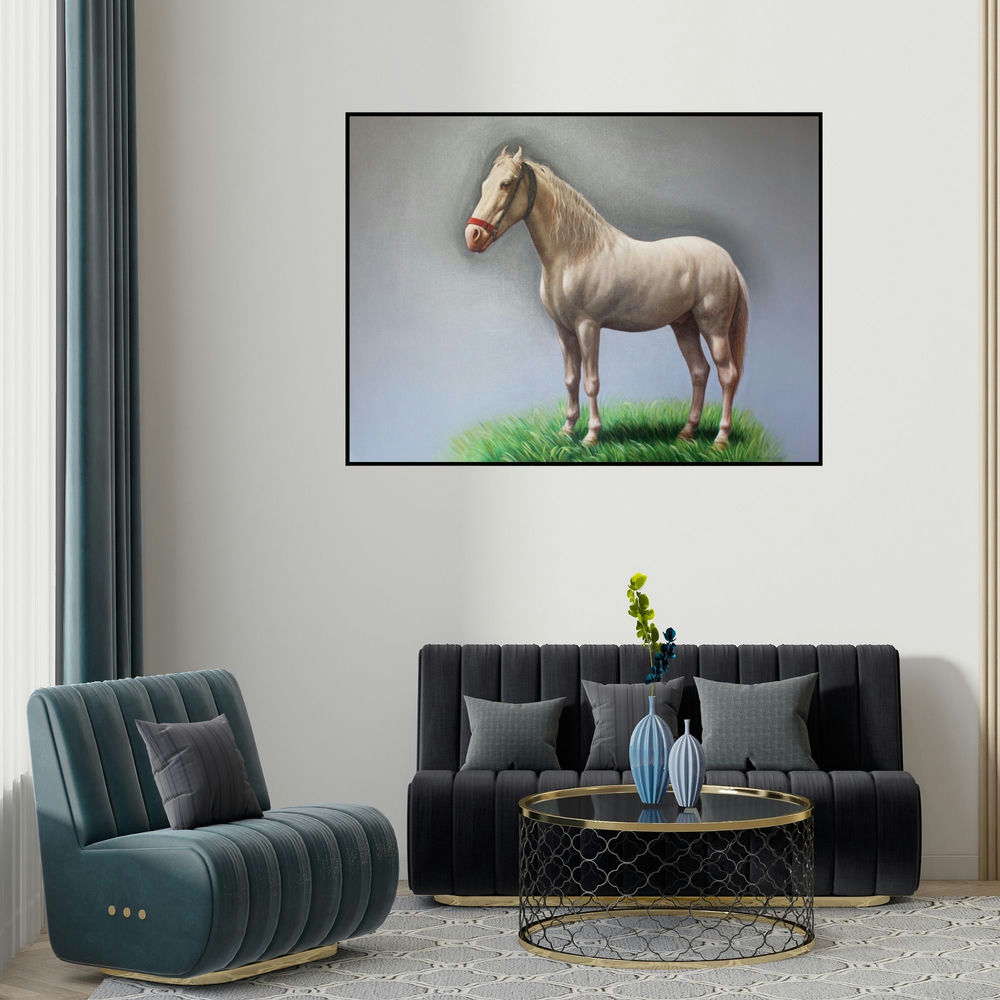 Yuvraj Patil's 'Horse (Majestic Stallion)' painting visualized above a sofa in a contemporary room.