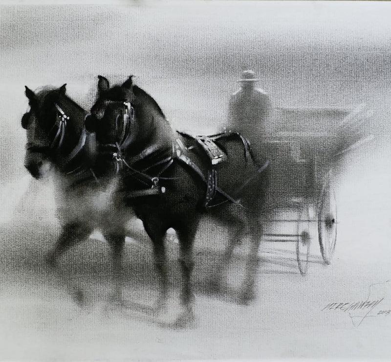 Animals charcoal painting titled 'Horse Carriage 2', 14x20 inches, by artist Ganesh Hire on Paper