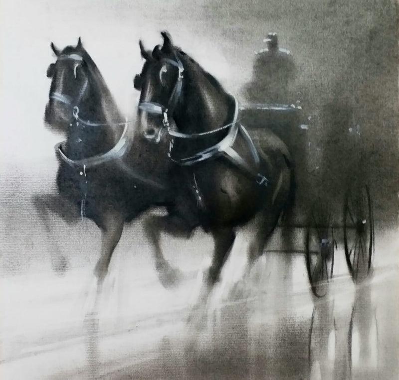 Animals charcoal painting titled 'Horse Carriage 3', 14x20 inches, by artist Ganesh Hire on Paper
