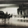 Cityscape charcoal painting titled 'Horse Carriage 5', 21x28 inches, by artist Ganesh Hire on Paper