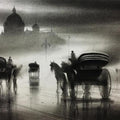 Cityscape charcoal painting titled 'Horse Carriage 6', 21x28 inches, by artist Ganesh Hire on Paper