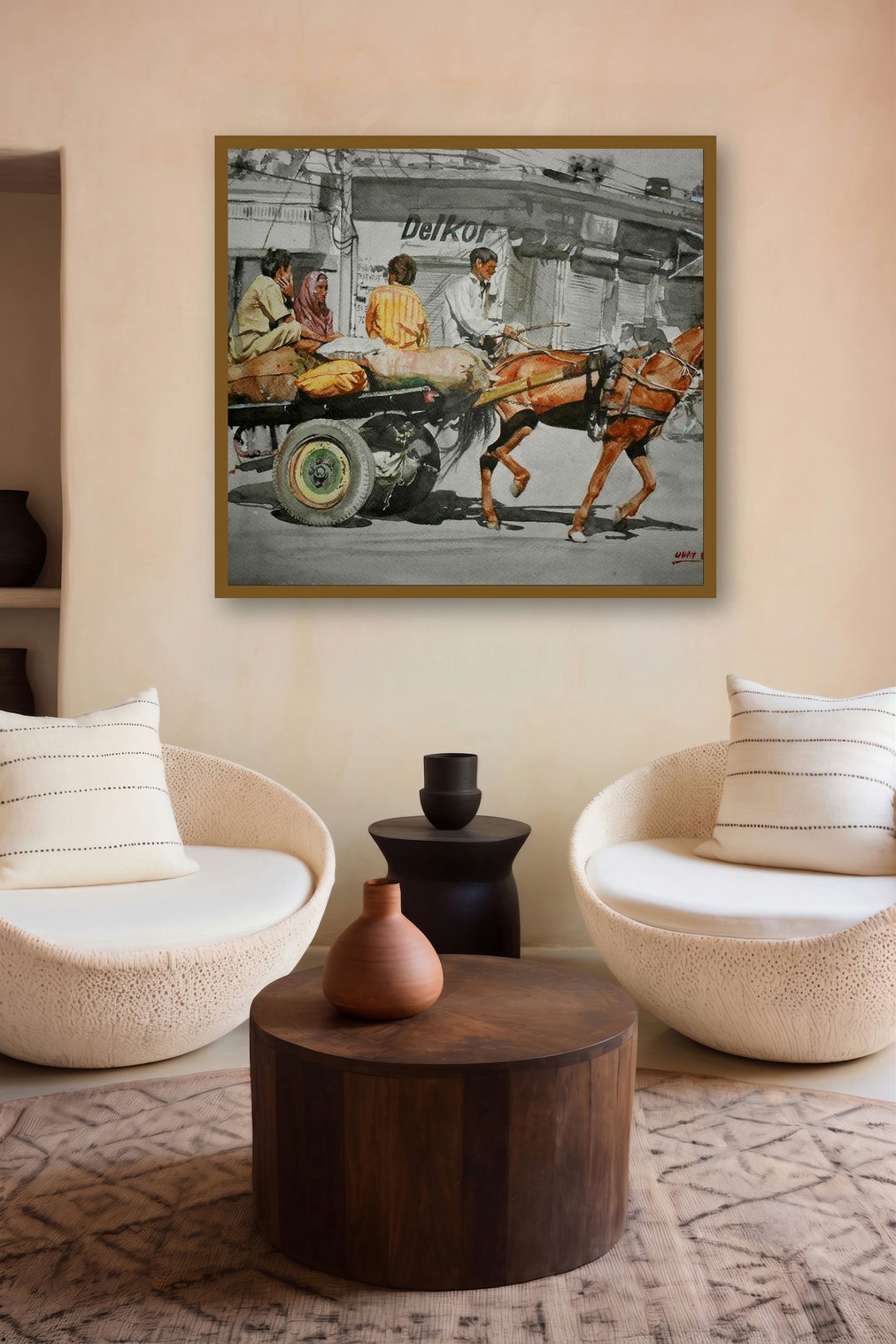 Horse Cart (Rural Transportation) by artist Dr Uday Bhan displayed in a Luxury gallery