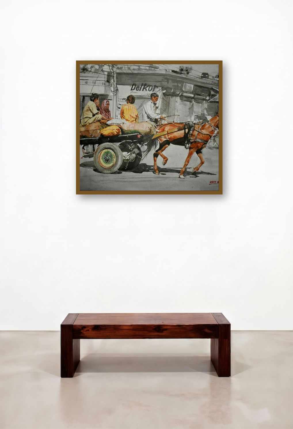 Horse Cart (Rural Transportation) by artist Dr Uday Bhan displayed in a Art Deco Hallway