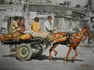 Horse Cart (Rural Transportation) by Dr Uday Bhan, Original Watercolor Lifestyle Painting on Paper, Small Horizontal Wall Art