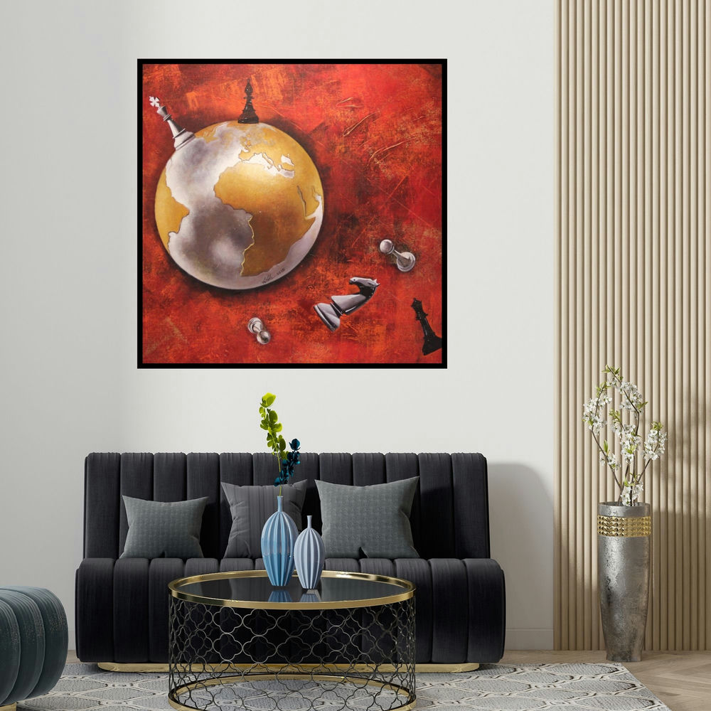 Mithu Biwas's 'Horse In Chess15' painting visualized above a sofa in a contemporary room.