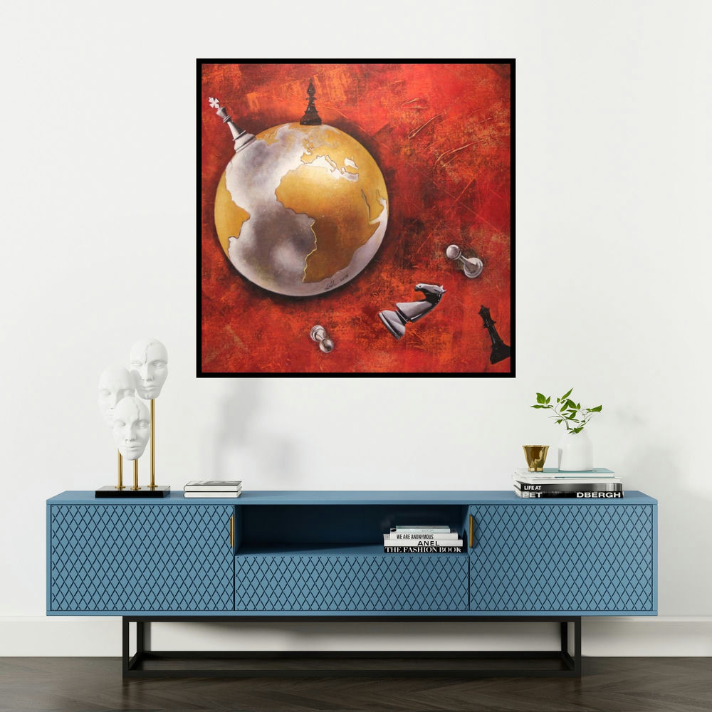 'Horse In Chess15' painting by Mithu Biwas shown on a wall in a furnished room.