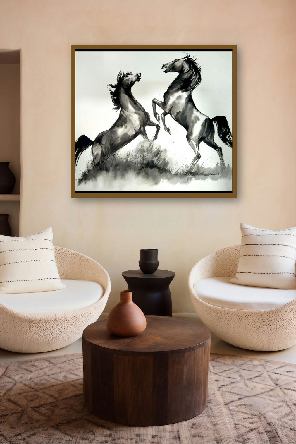Horse Competition (Dueling Stallions) by artist Deven Ramesh Bhosale displayed in a Museum Style gallery