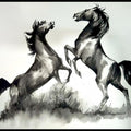 Animals ink watercolor painting titled 'Horse Competition', 11x15 inches, by artist Deven Ramesh Bhosale on Paper