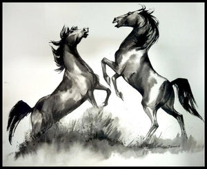 Horse Competition (Dueling Stallions) by Deven Ramesh Bhosale, Original Ink Watercolor Animal Painting on Paper, Small Horizontal Wall Art