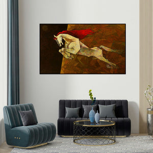 Dinkar Jadhav's 'Horse The Effeminate' painting visualized above a sofa in a contemporary room.