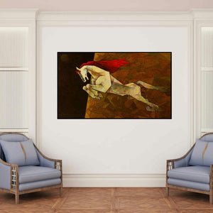 'Horse The Effeminate' painting by Dinkar Jadhav shown on a wall in a furnished room.