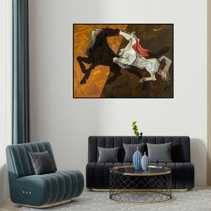 Dinkar Jadhav's 'Horse Indecent Love' painting visualized above a sofa in a contemporary room.