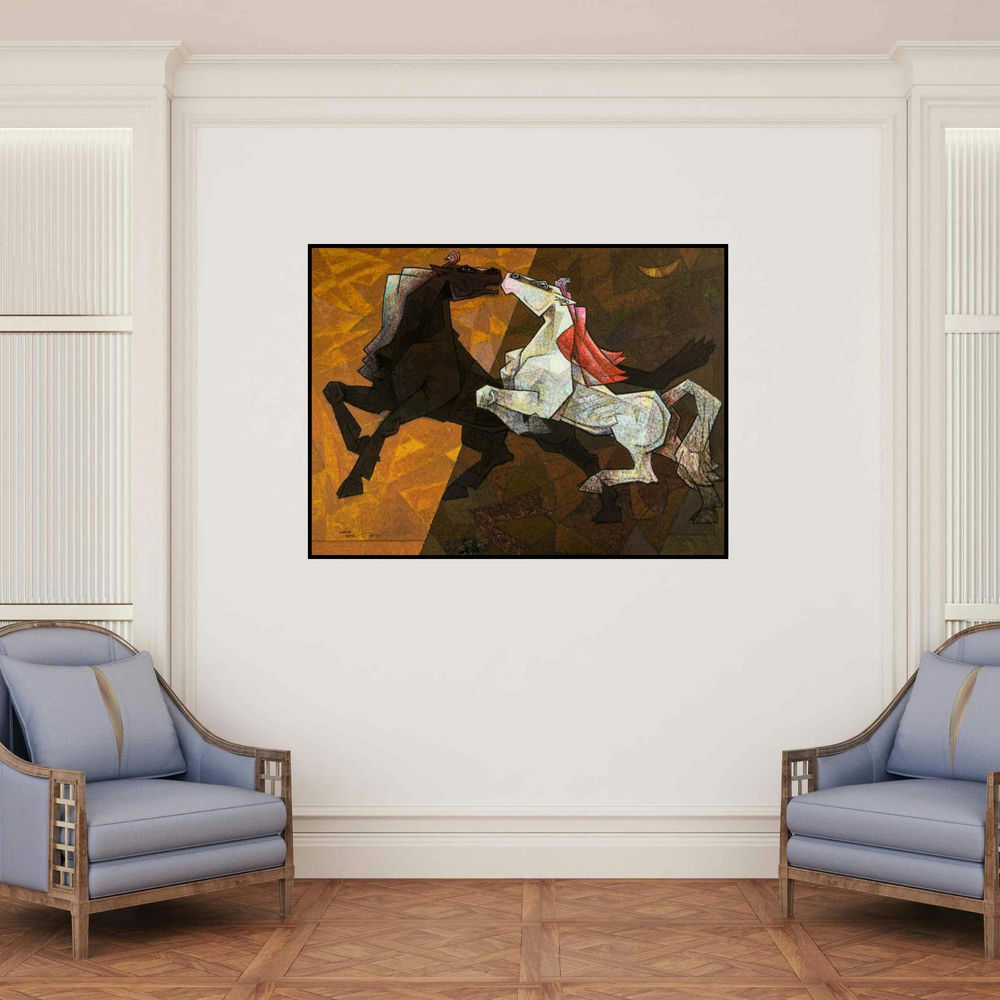 'Horse Indecent Love' painting by Dinkar Jadhav shown on a wall in a furnished room.