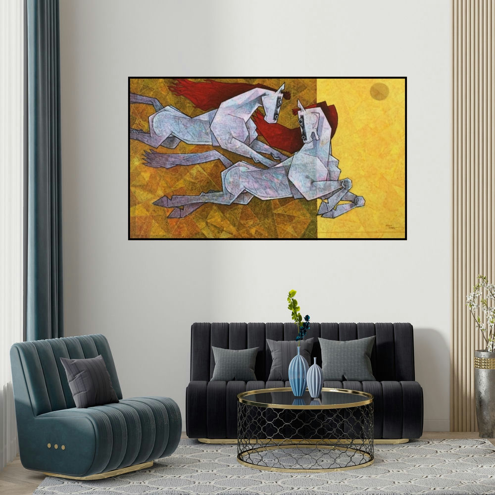 Dinkar Jadhav's 'Horse Love Has No Limits 3' painting visualized above a sofa in a contemporary room.
