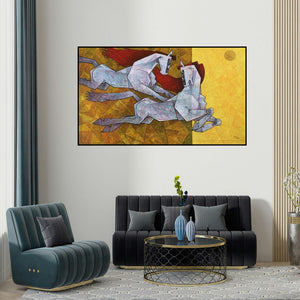 Dinkar Jadhav's 'Horse Love Has No Limits 3' painting visualized above a sofa in a contemporary room.