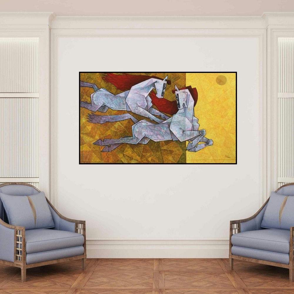 'Horse Love Has No Limits 3' painting by Dinkar Jadhav shown on a wall in a furnished room.