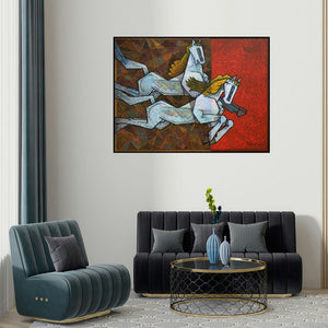 Dinkar Jadhav's 'Horse Love Has No Limits 4' painting visualized above a sofa in a contemporary room.