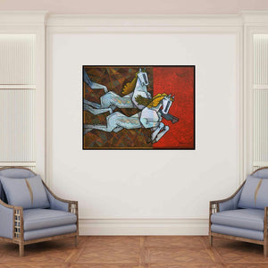 'Horse Love Has No Limits 4' painting by Dinkar Jadhav shown on a wall in a furnished room.