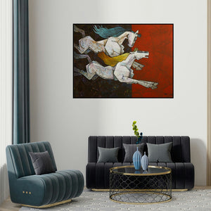 Dinkar Jadhav's 'Horse Love Has No Limits' painting visualized above a sofa in a contemporary room.