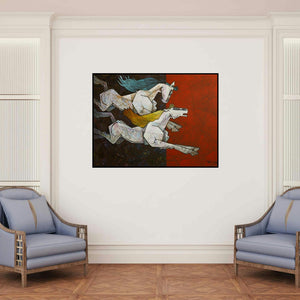 'Horse Love Has No Limits' painting by Dinkar Jadhav shown on a wall in a furnished room.