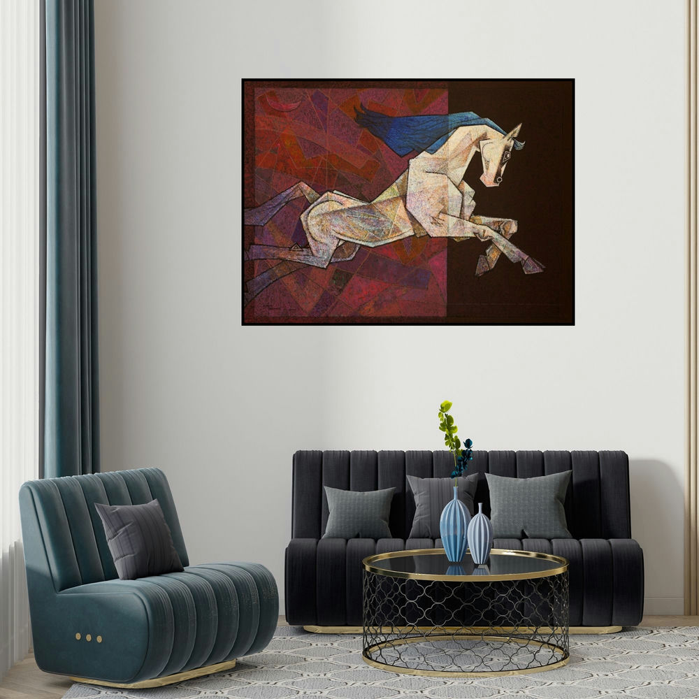 Dinkar Jadhav's 'Horse The One Who Respects Love' painting visualized above a sofa in a contemporary room.
