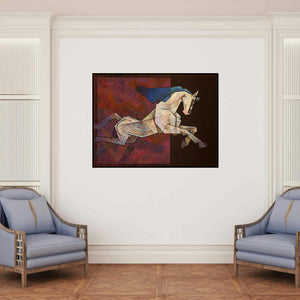 'Horse The One Who Respects Love' painting by Dinkar Jadhav shown on a wall in a furnished room.