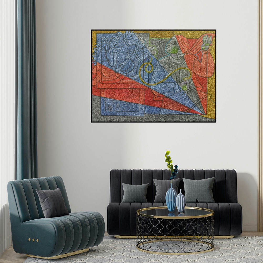 Satyajeet Shinde's 'Horse Rider I' painting visualized above a sofa in a contemporary room.