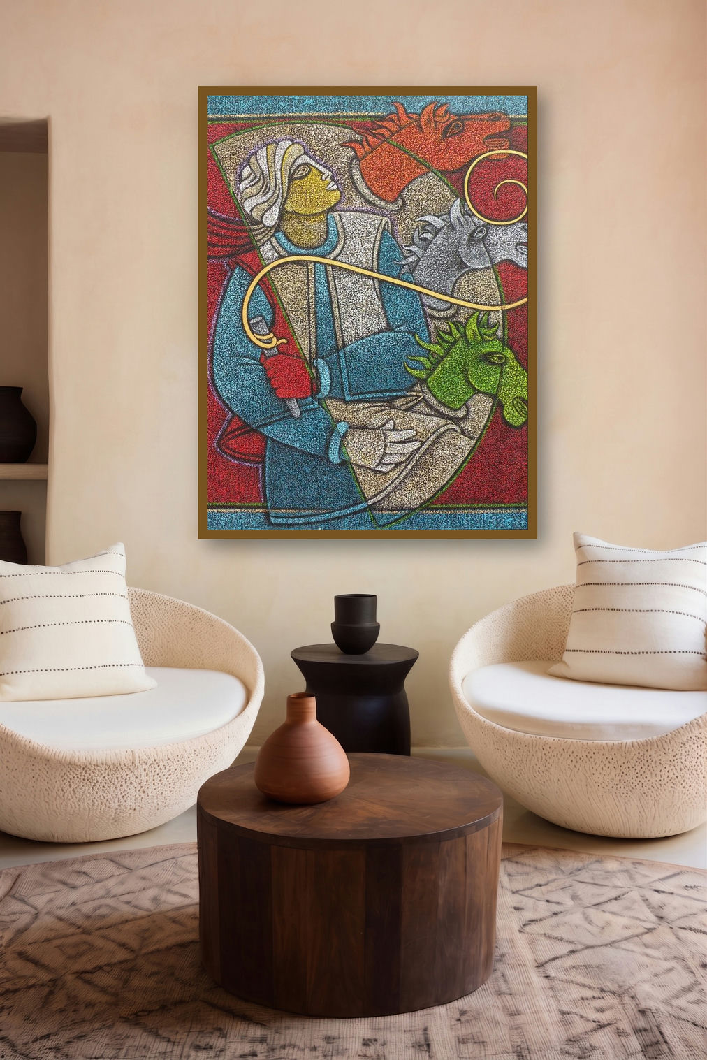 Horse Rider Ii (Three Horses and a Rider) by artist Satyajeet Shinde displayed in a Luxury gallery