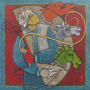 Horse Rider Ii (Three Horses and a Rider) by Satyajeet Shinde, Original Acrylic Figurative Painting on Canvas, Medium Square Wall Art
