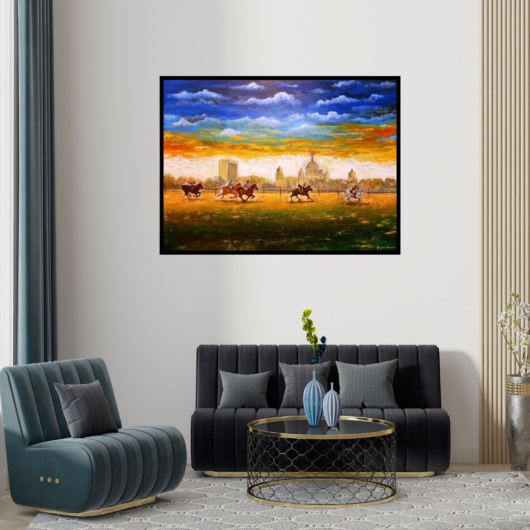 Preview of 'Horse Riding Of Kolkata' Painting by Arjun Das shown on a wall in a furnished room.
