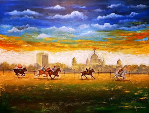 contemporary acrylic painting titled 'Horse Riding of kolkata', 48x36 inches, by artist Arjun Das on Canvas