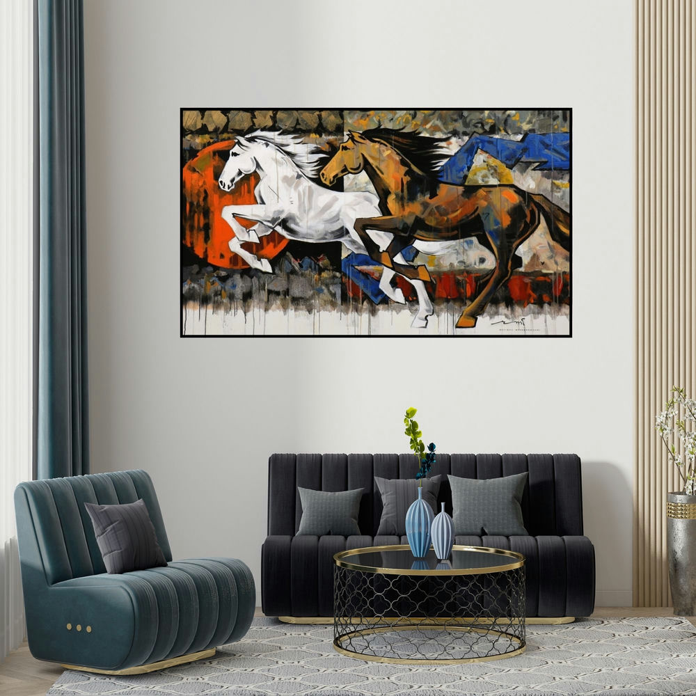 Devidas Dharmadhikari's 'Horse Series 164' painting visualized above a sofa in a contemporary room.