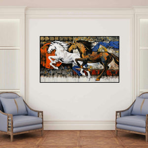 'Horse Series 164' painting by Devidas Dharmadhikari shown on a wall in a furnished room.