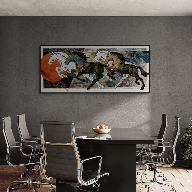 Devidas Dharmadhikari's painting 'Horse Series 226 (Wild Gallop)' displayed in a modern living room setting